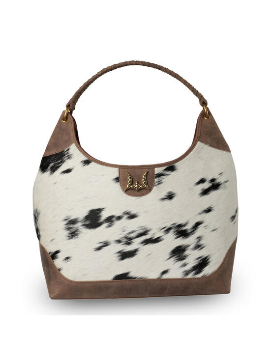 Myra Bag Handbags - LW Large Purse - Black & White Cowhide with Oiled Brown Leather
